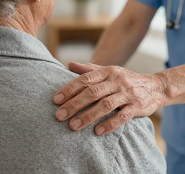 A close-up photograph of a professional caregiver's hand gently resting on an elderly person's shoulder, set in a cozy North American home, conveying deep empathy and support.