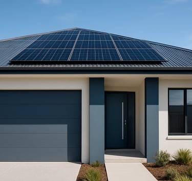 Wide angle photography of a modern Australian house with solar panels, bright daylight, emphasizing energy efficiency. Clean architectural lines with Steel Blue accents and Ice White walls.