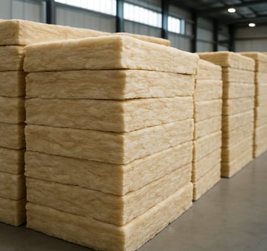 Detailed shot of premium insulation batts stacked in a bright, organized supply warehouse in Australia. Soft natural light, professional atmosphere, showing product quality.