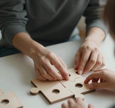 A close-up photograph of a teacher's hands and a child's hands working together over a wooden puzzle. Soft, natural lighting. The colors are muted charcoal, warm sand, and soft off-white. Professional and human-centered.