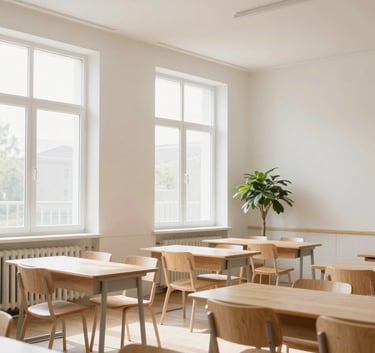 A minimalist, sun-drenched classroom interior with high ceilings, large windows, and simple wooden furniture. The palette is dominated by soft off-white and warm sand tones, with a single green plant in the corner. Nordic photography style, clean and calm.