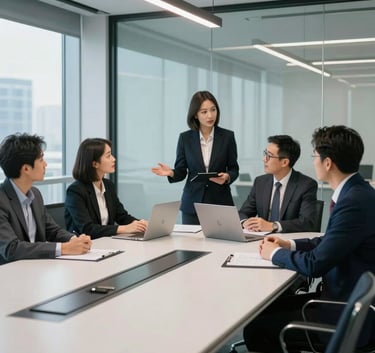 A group of professional business consultants and attorneys in a modern North American glass-walled conference room during a strategy session, clean lighting and steel blue accents.