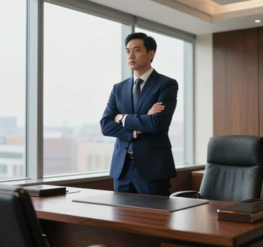 A professional attorney in a sharp navy blue suit standing in a sunlit, high-end North American law office with floor-to-ceiling windows and a mahogany desk, exuding confidence and trust.