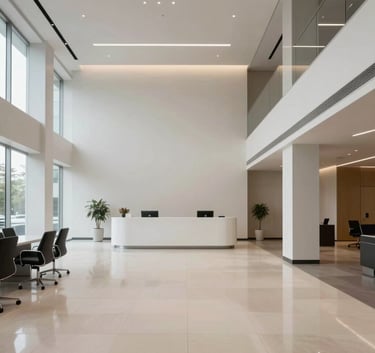 A professional and minimal wide shot of a modern business lobby in North America with clean lines and soft lighting.