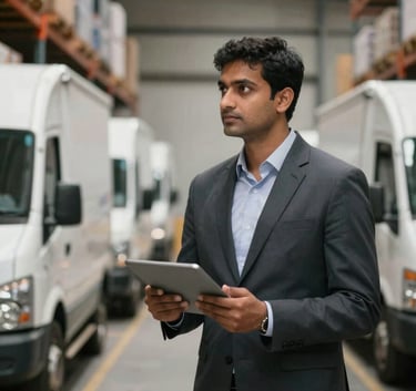 A professional South Asian logistics manager in a modern warehouse environment holding a digital tablet and overseeing a fleet of delivery vehicles.