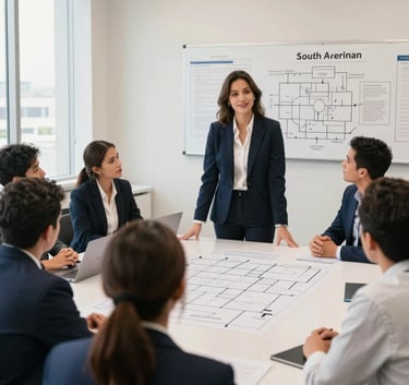 Photography of a training room in a modern South American company. A specialist is demonstrating process mapping techniques to attentive employees. Clean environment, bright natural light, professional and educational mood. Off-white and navy color palette.