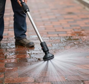 A detailed shot of a professional pressure washing stream cleaning a brick pathway, showing a clear 'clean line' where the dirt is being removed. The lighting is crisp and clear, emphasizing the transformative cleanliness and meticulous care of the brand.