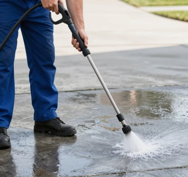 A professional technician using a high-pressure wand to clean a modern concrete driveway. The scene is bright and highlights the transformative contrast between the wet, clean surface and the surrounding area. The technician is wearing professional gear, reflecting the brand's dependable mood. Colors incorporate deep blues like #1A2A3A and bright highlights.