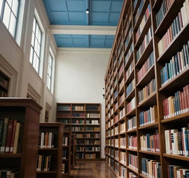 A wide-angle shot of a grand library with high ceilings and mahogany shelves, located in a prestigious Brazilian institution. The lighting is soft and natural, coming from large windows, with tones of steel blue and off-white. Professional atmosphere.