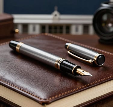 A high-end, close-up photograph of a vintage fountain pen resting on a leather-bound journal, with a blurred background of a dark navy blue and silver office in a South American governmental building. Lighting is dramatic and focused, emphasizing academic authority.