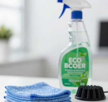 Close-up of professional cleaning equipment including a microfiber cloth and eco-friendly spray bottle, set against a blurred, bright office background. The composition is clean and minimalist, highlighting modern efficiency and reliability.