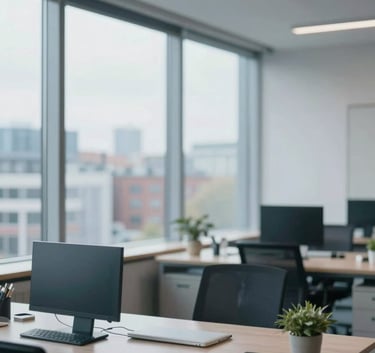 A professional and clean office environment in Bremen with large windows overlooking a city scene. The room is perfectly organized, dust-free, and bathed in calm, natural morning light. Brand palette colors #1A2C3C and #A7BFCF are subtly present in the decor.