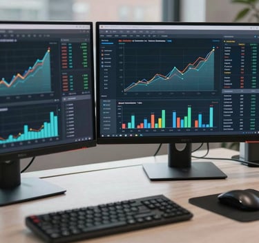 A high-end, clean photography of a professional workspace in a North American city, featuring dual monitors displaying complex data analytics and growth charts, soft natural lighting.
