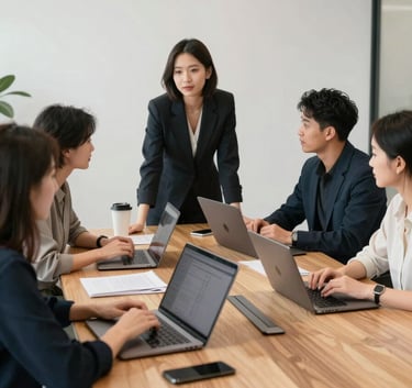 A professional North American marketing team in a bright, modern office collaborating around a large wooden table with sleek laptops and high-end tech, minimalist and corporate aesthetic.