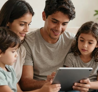 Close-up of a South American / Brazilian family sitting together in a modern living room, reviewing financial goals on a digital tablet, looking relaxed and confident. Warm natural lighting, Soft Off-white background.