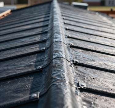 Close-up of a high-quality commercial roofing installation showing modern TPO membrane seams, clean industrial finish, North American / US construction site.