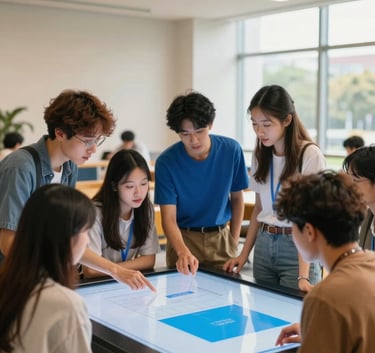A group of young adult students in a modern US campus lounge, collaborating around a large touchscreen display. The atmosphere is energetic and friendly, with a vibrant Sky White and Bright Blue aesthetic. Wide-angle shot, professional photography with soft, warm daylight.