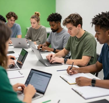 Photography of a modern North American workshop setting where diverse learners are engaged in a group project. The composition is dynamic, focusing on a shared table with notebooks and digital tools. The lighting is bright and clean, reflecting a Vibrant Green and Sky White color scheme.