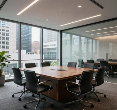 A wide-angle shot of a modern, clean boardroom with glass walls in a North American / US city, suggesting transparency and corporate expertise.