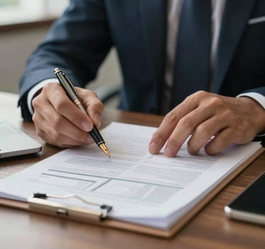 A close-up photograph of a professional in business attire reviewing financial documents with a fountain pen in a North American / US office setting, soft natural lighting.