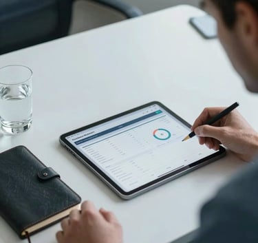 A close-up shot of a professional consultant's desk in a Southern European office. A tablet displays a clean performance dashboard next to a leather notebook and a glass of water. The aesthetic is modern, professional, and minimalist with muted blue and white tones.
