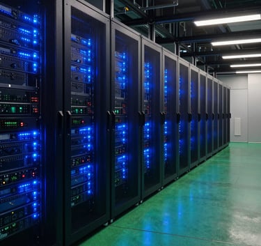 A wide-angle shot of a high-tech data center with glowing midnight blue LED lights on server racks and polished floors reflecting persian green light.