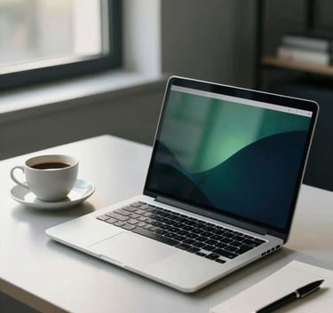 A professional and modern workspace with a high-end laptop, a cup of coffee, and a notebook on a clean desk. Soft morning light coming through a window, reflecting persian green and midnight blue tones from the office interior.