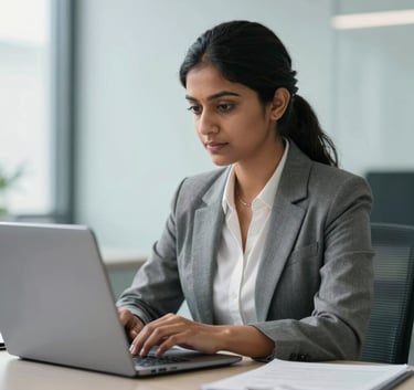 A professional South Asian Indian woman in business attire working at a laptop in a bright, modern office, focus on the device, professional lighting, light blue background elements.