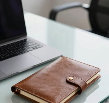 Close-up of a high-end laptop and a leather notebook on a glass desk in a bright office in Casablanca, professional environment, sharp focus, clean corporate aesthetic.