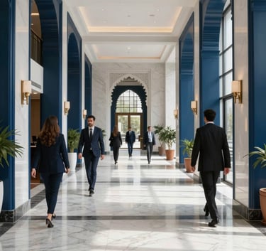 A wide-angle shot of a sleek, modern Moroccan office lobby with white marble floors, navy blue accents, and professional individuals in business attire walking through a sunlit corridor.