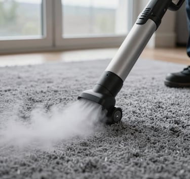A close-up photograph of a professional steam cleaning wand moving across a plush, high-pile grey carpet, steam rising slightly, soft daylight from a window in Virginia, modern and clean atmosphere.