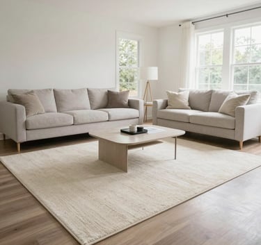 A wide-angle shot of a bright, minimalist living room in a North American home in Virginia, featuring a large, perfectly clean cream-colored area rug under a modern coffee table.