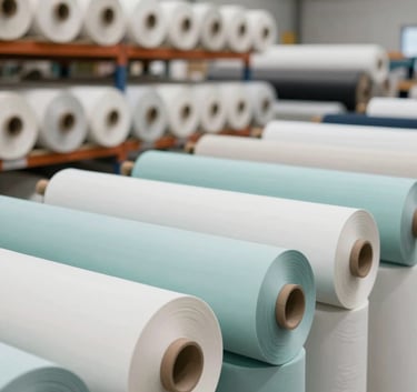 A wide-angle, bright shot of a modern textile warehouse showing organized rolls of high-quality fabric. The lighting is natural and clear, incorporating the brand colors #F7F7F2 and #B6C5C5 to evoke trust and scale.