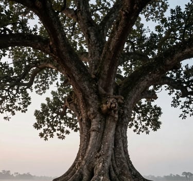 An artistic shot of an ancient, strong oak tree with deep visible roots against a soft morning sky. The image conveys quiet strength and longevity, using tones of #3A4033 and #F1F5EF.