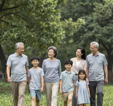 A multi-generational family group walking together through a lush park, captured in a candid, professional style. The scene exudes trust and resilience. The color palette features natural greens and soft greys matching #6B7F67 and #A8B9A6.