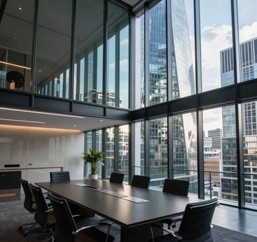 A professional wide-angle shot of a modern glass-walled boardroom in a London skyscraper. The room is filled with morning sunlight, reflecting light blue and dark blue tones. The mood is strategic and innovative.
