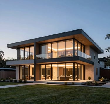 A stunning wide-angle shot of a contemporary luxury home with glass walls at twilight, soft blue hour lighting, North American architecture.