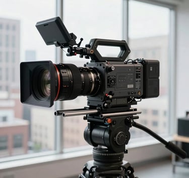 A high-end professional cinema camera mounted on a tripod in a modern, bright media studio, North American city view visible through large windows in the background.
