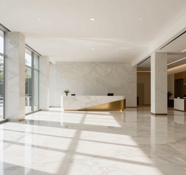 A wide shot of a bright, minimalist corporate lobby with polished off-white marble floors and soft shadows, featuring a subtle gold accent on a distant reception desk.