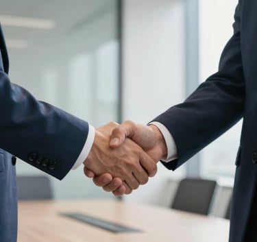 A professional close-up of two people in dark blue business suits shaking hands in a sunlit, modern corporate boardroom with a minimalist aesthetic.