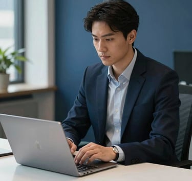 A professional business setting in a North American corporate office, featuring a clean white desk with a high-end laptop and a focused atmosphere, utilizing soft natural lighting and dark blue accents.