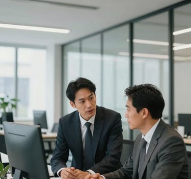 A professional North American business person in corporate attire working in a bright, modern open-plan office with high ceilings and glass walls, focusing on professional communication.
