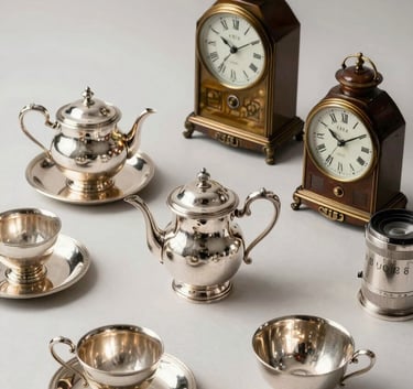 A sharp, high-quality photograph of high-end estate items, such as silver tea sets and antique clocks, laid out on a clean soft off-white surface for cataloging, with steel blue shadows.