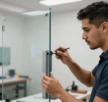 Detailed shot of a professional technician installing a high-quality tempered glass door with precision aluminum hardware, Hispanic / Latin American workshop setting, bright and clean.