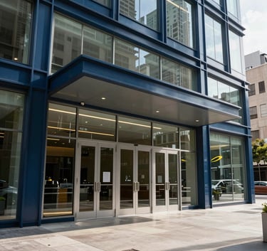 A wide architectural shot of a modern office building entrance with large tempered glass doors and sleek dark blue aluminum frames, sunny day, Hispanic / Latin American urban city center.
