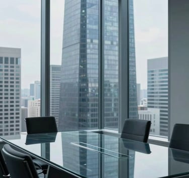 An elegant, high-ceiling corporate boardroom in a North American / US skyscraper, minimalist aesthetic with cool blue and charcoal grey tones, focused on a glass table.