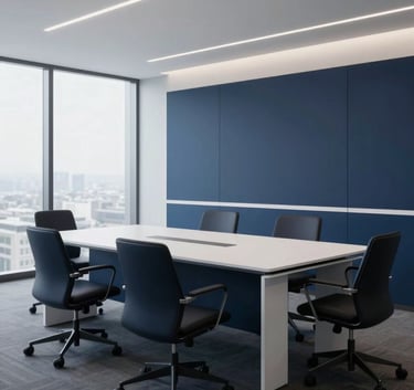 Clean, wide shot of an executive office environment in North America, featuring modern minimalist furniture and a palette of dark blue and white, very professional.