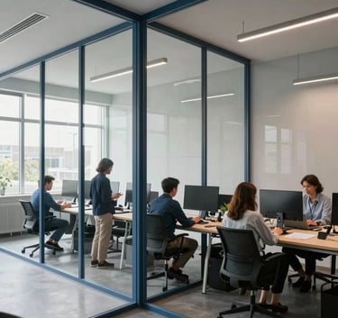 A wide-angle photograph of a contemporary workspace with glass walls, featuring professional team members collaborating in a room with Steel Blue and Cloud Grey decor.