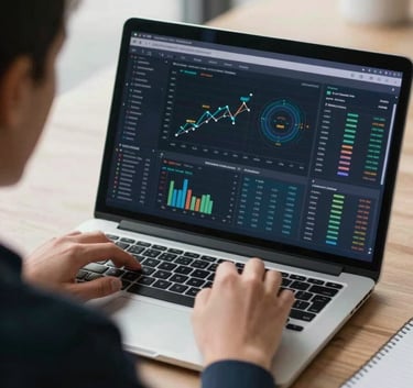 An over-the-shoulder shot of a digital marketer analyzing complex data charts on a laptop screen, with natural lighting and a hint of a Dark Navy office chair.
