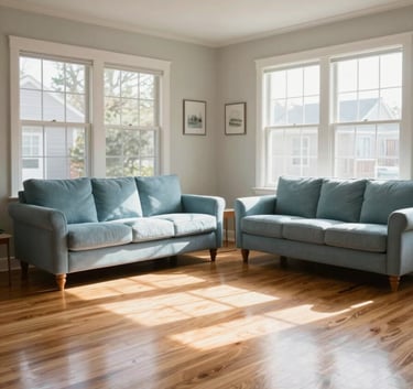 A wide-angle shot of a pristine, sunlit North American living room with polished wood floors, a light blue sofa, and large windows, reflecting a clean and trustworthy home environment.